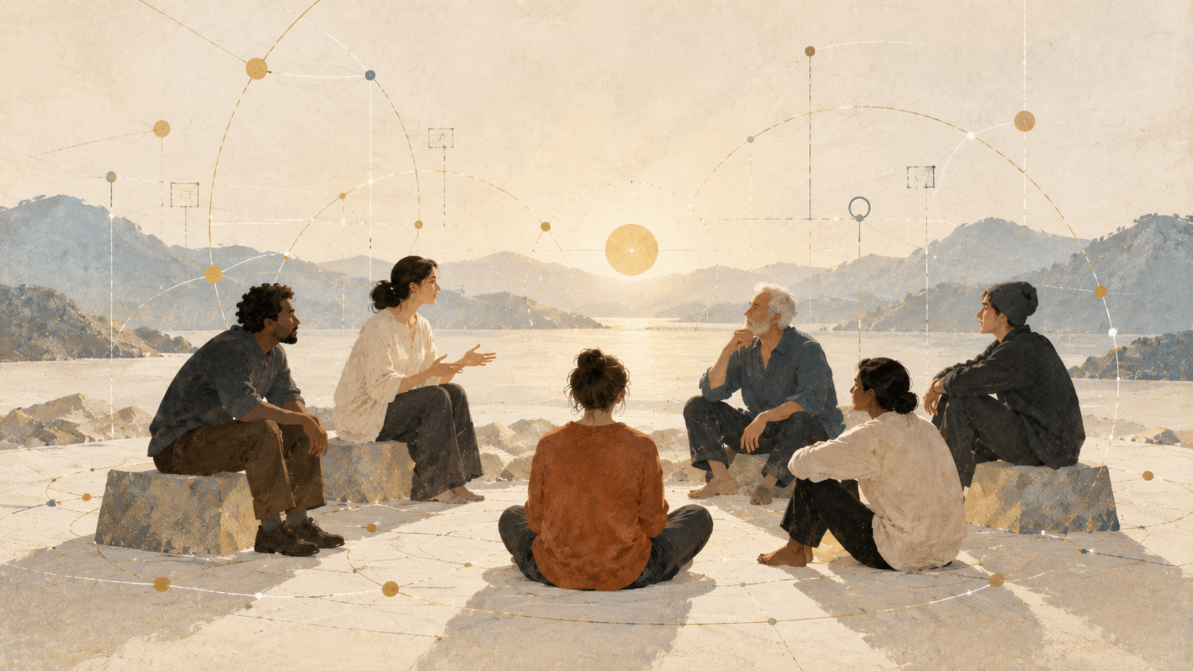 Diverse Gesprächsgruppe im Kreis vor Berg- und Seenlandschaft, mit dezenten goldenen und blauen Netzwerklinien — Leitbild zum Brief „Was die Gesellschaft zusammenhält“