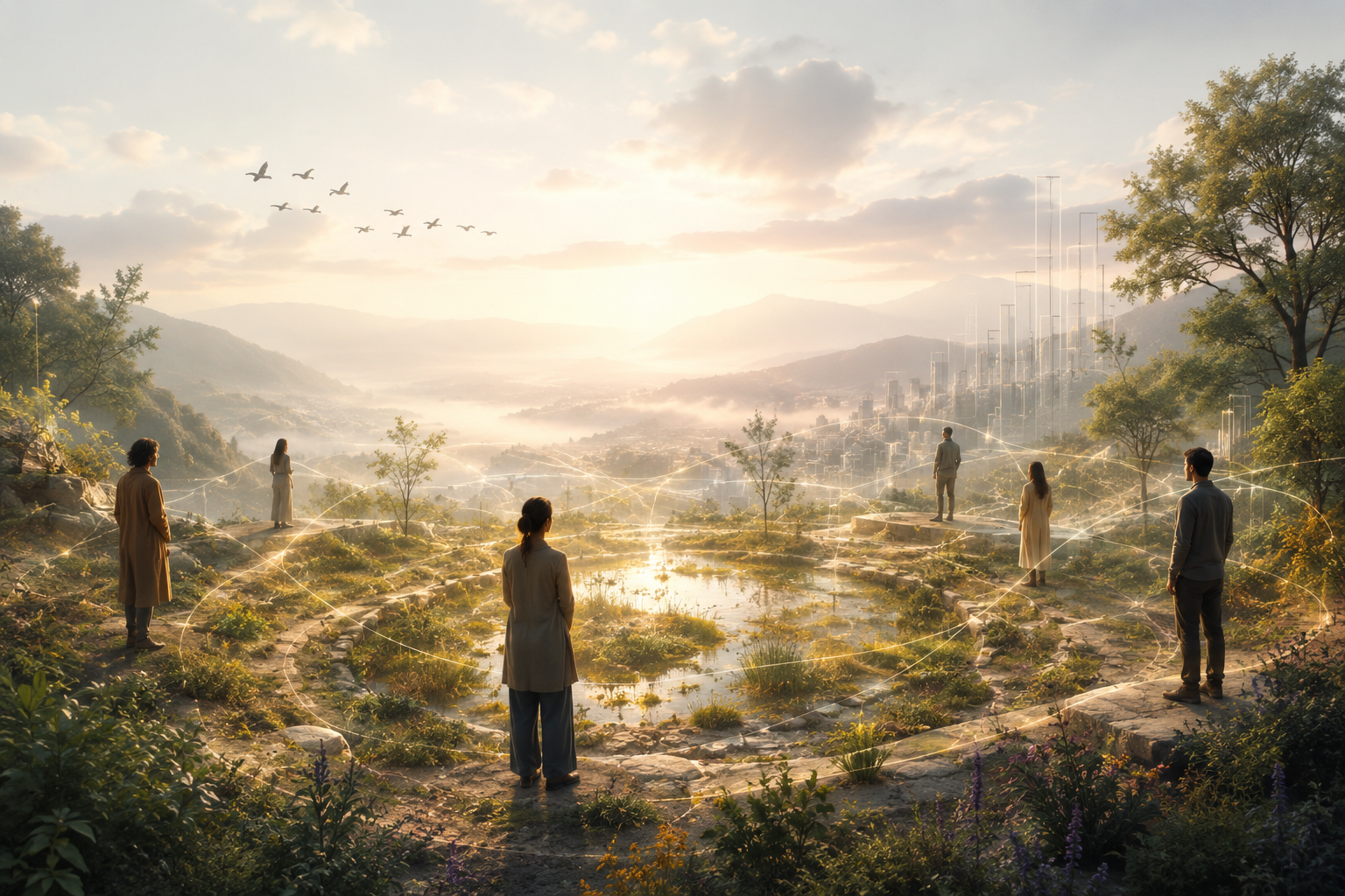 Menschen in ruhiger Landschaft verbunden durch feine goldene Linien – Beziehung als grundlegende Wirklichkeit
