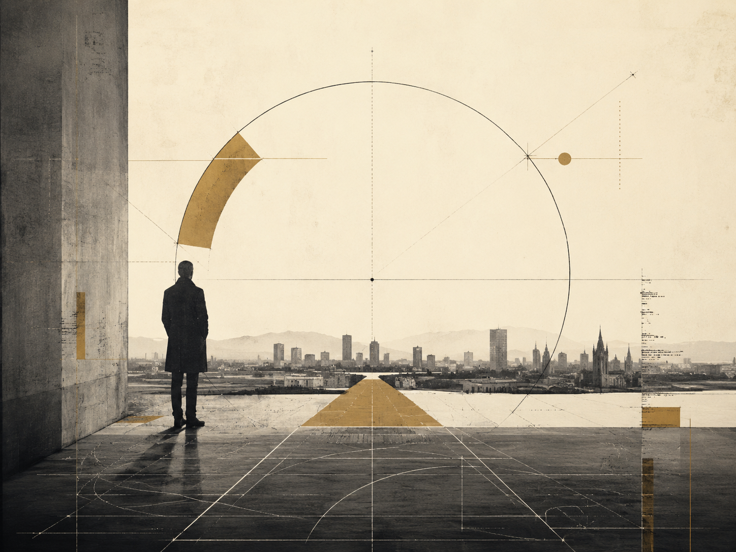 Architektonische Vision am Horizont — eine einzelne Gestalt blickt über eine werdende Stadt
