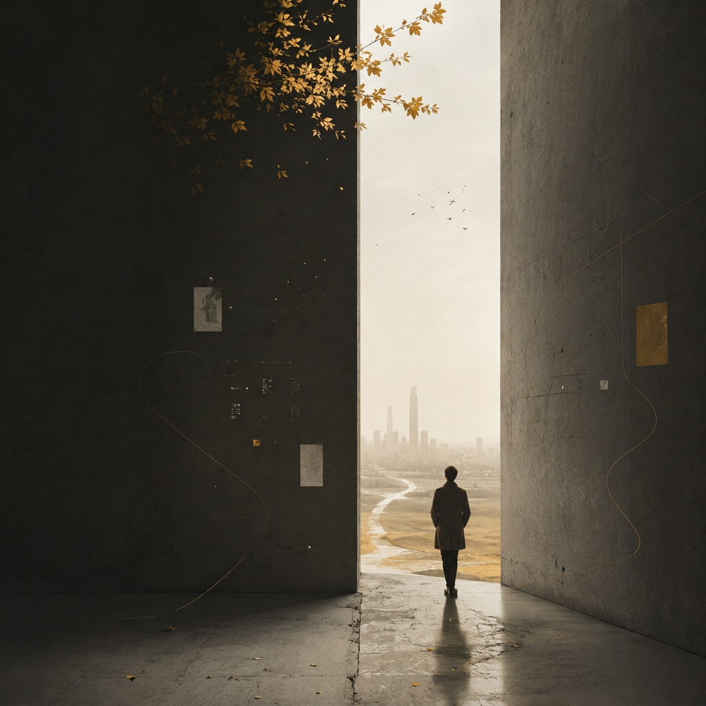 Daydreaming und Serendipity — ein Mensch geht durch eine große Öffnung auf eine ferne Stadt zu