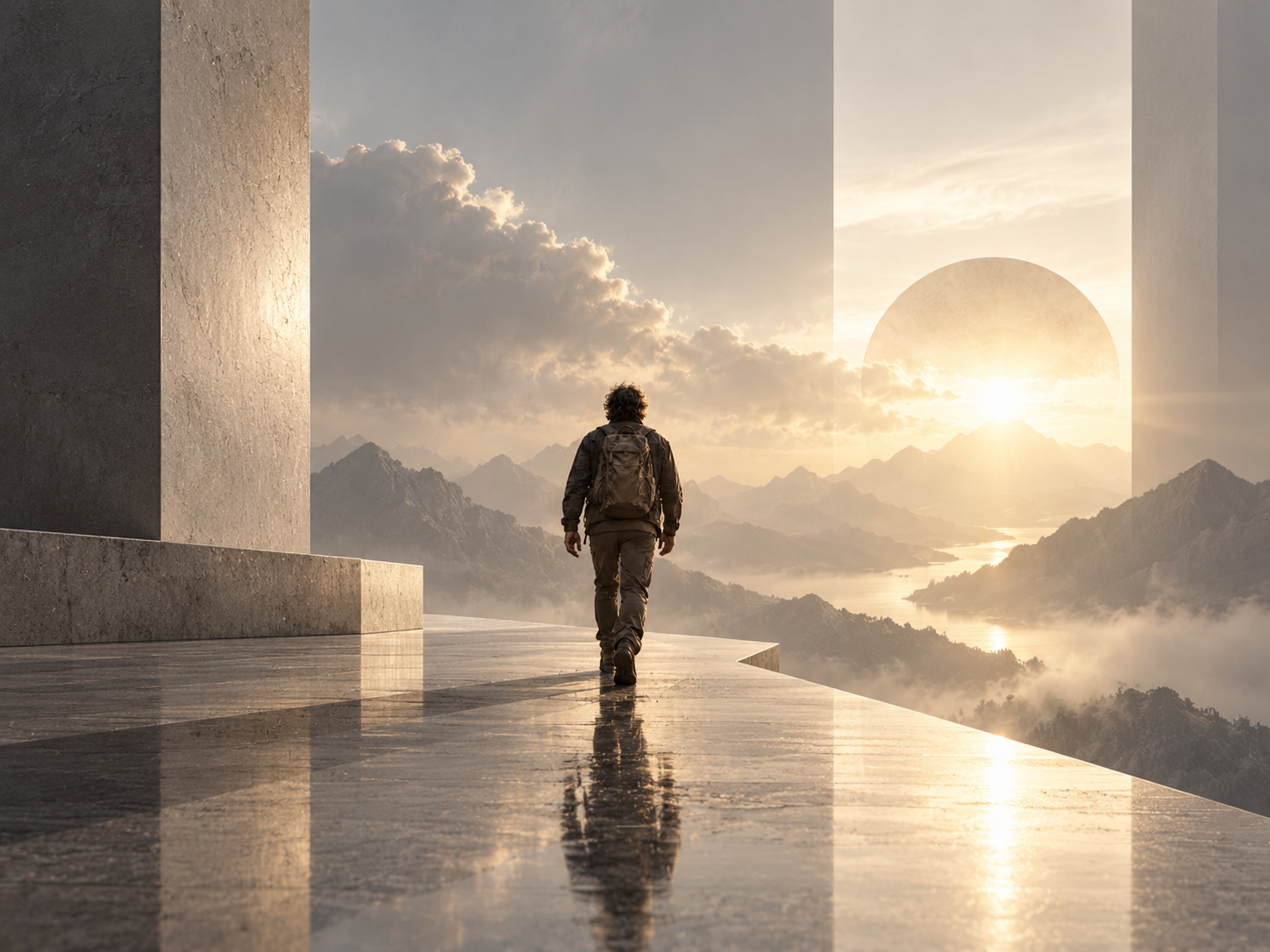 Ein Mensch geht zwischen reduzierten architektonischen Flächen auf einen hellen Horizont zu – Bildmotiv zu Durchhalten, ohne hart zu werden.