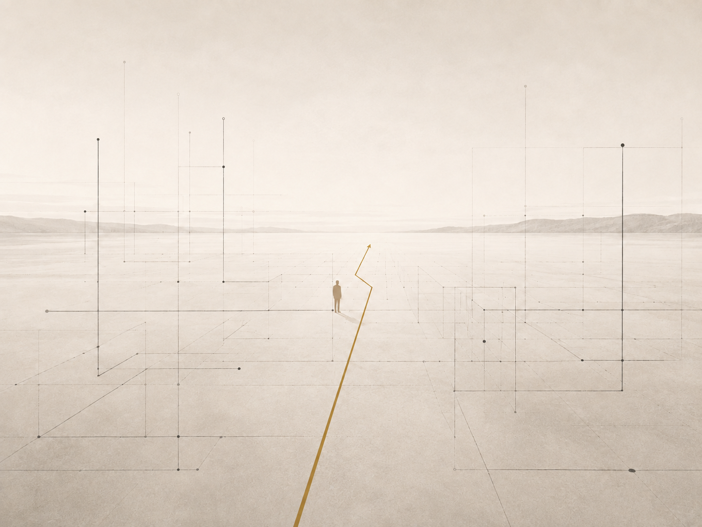 Kleine menschliche Figur in einem weiten architektonischen Gitter; eine goldene Linie wechselt leicht die Richtung und führt zum offenen Horizont