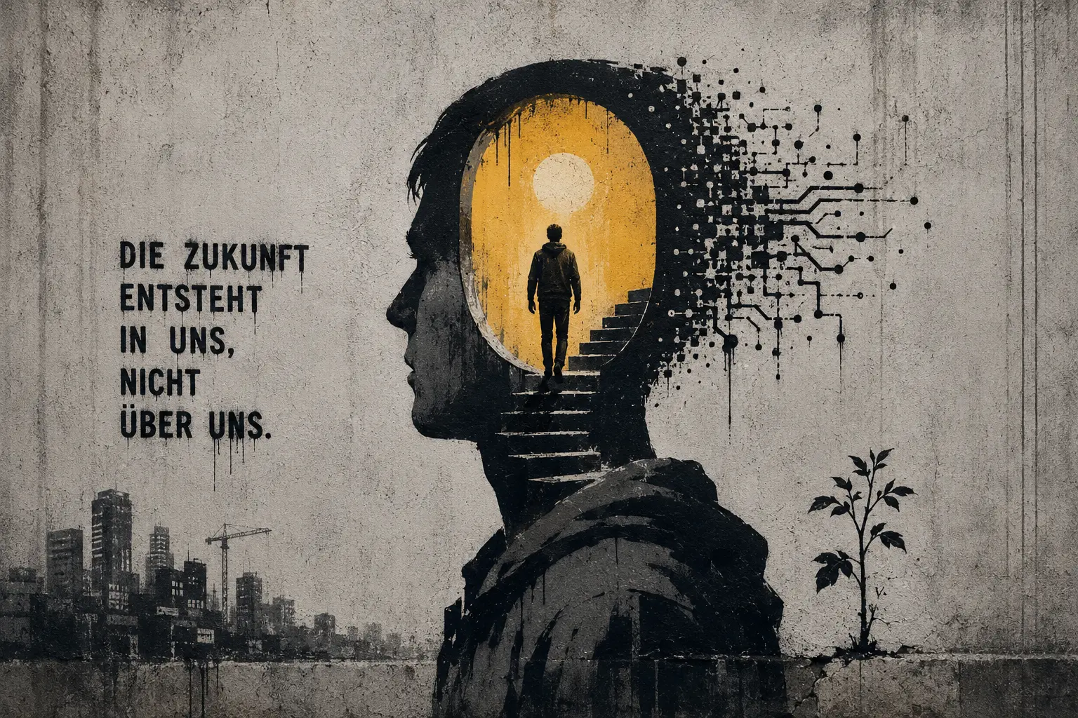 Silhouette mit innerer Treppe — die Zukunft entsteht in uns, nicht über uns