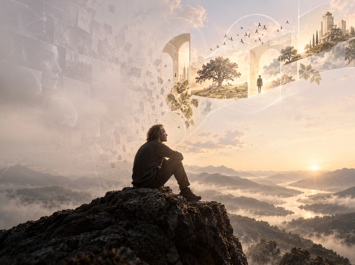 Ein Mensch sitzt auf einem Felsen im Vordergrund, während eine kleine stehende Figur durch einen lichten Bogen in eine reduzierte, traumhafte Landschaft aus Bäumen, sanfter Architektur und weitem Horizont tritt – ein modernes, leicht metaphysisches Bild für AI als Erweiterung des inneren Bildraums.