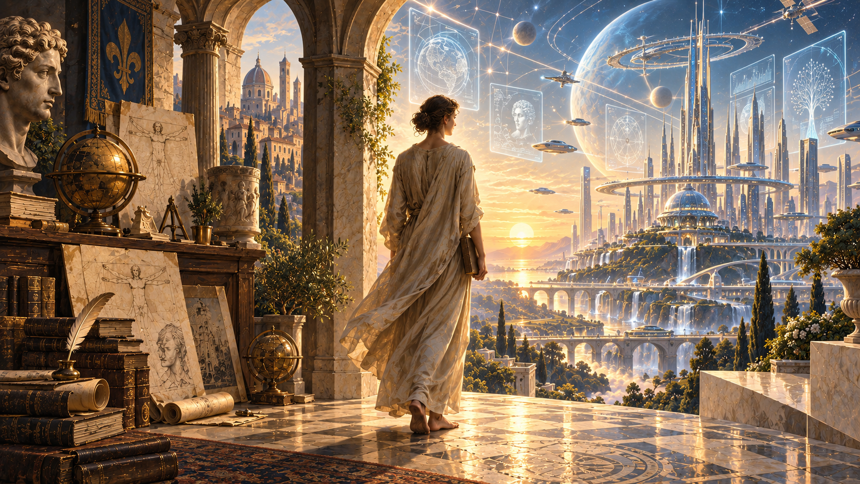 Renaissance trifft Zukunft: Eine klassische Atelierwelt öffnet sich zu einer leuchtenden technologischen Stadtlandschaft.