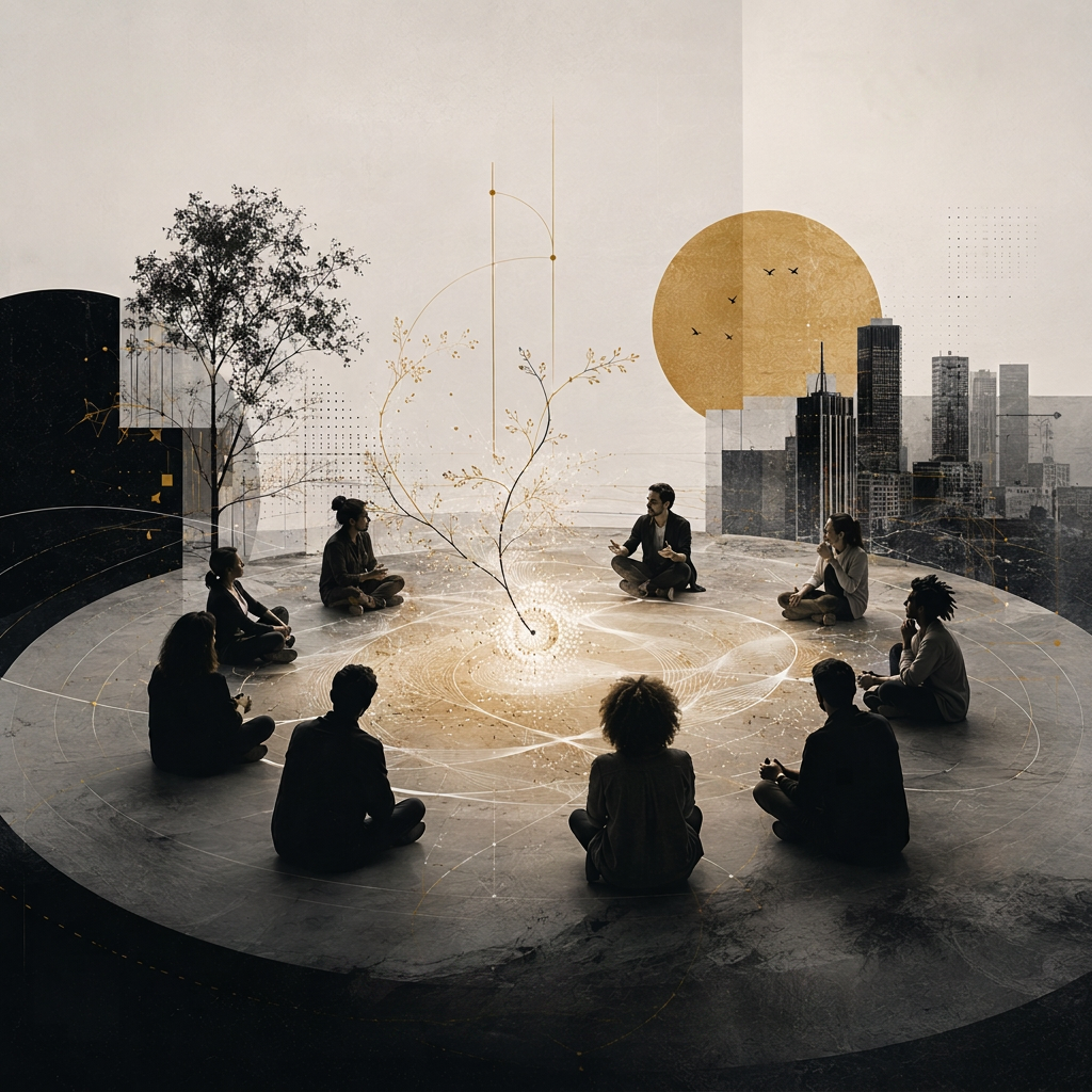 Open Space, Allianz, Tribe — Menschen im Kreis um ein leuchtendes Zentrum