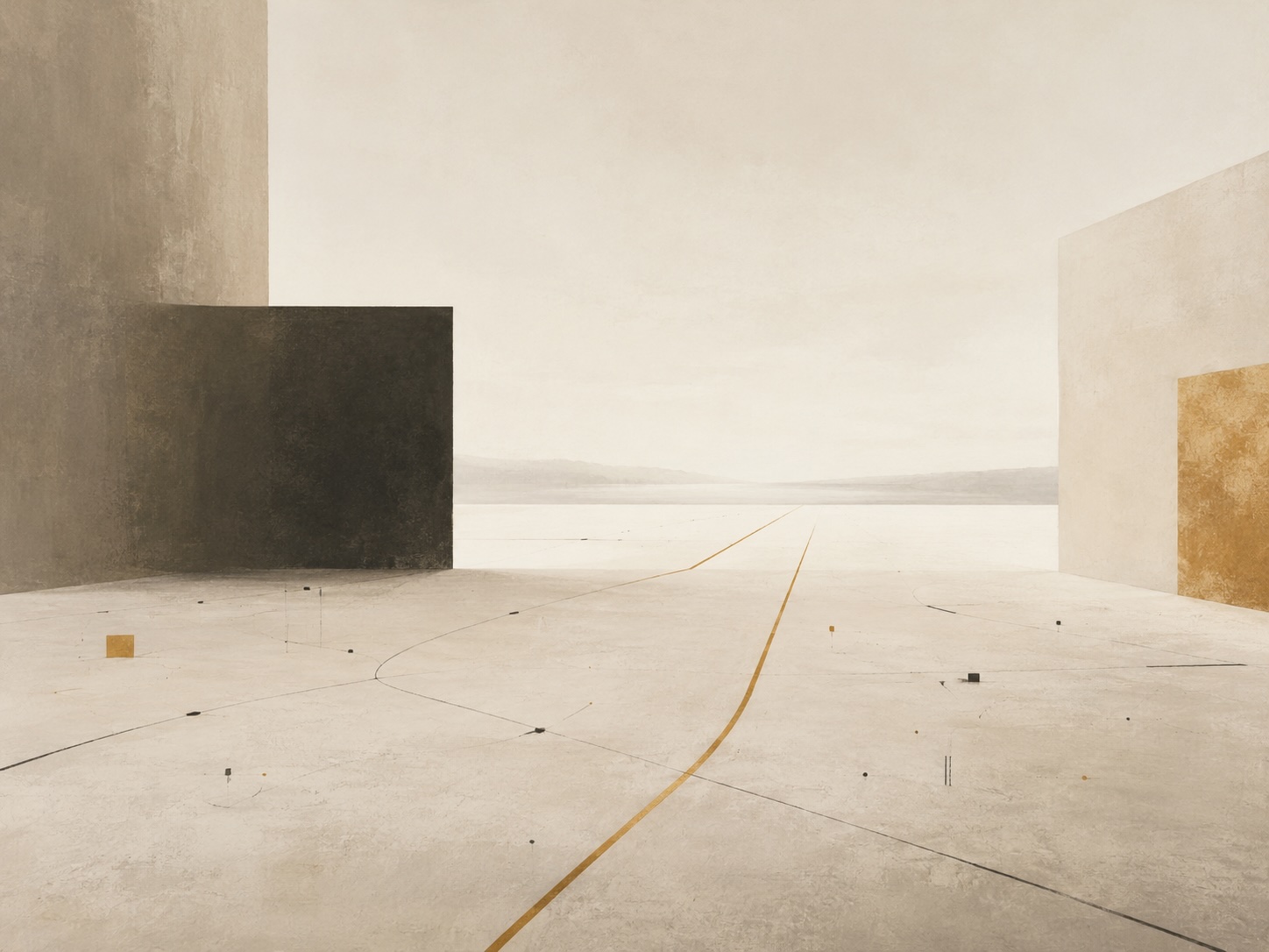 Weiter, stiller Platz aus Beton mit hellen Baukörpern; eine goldene Linie führt zum Horizont